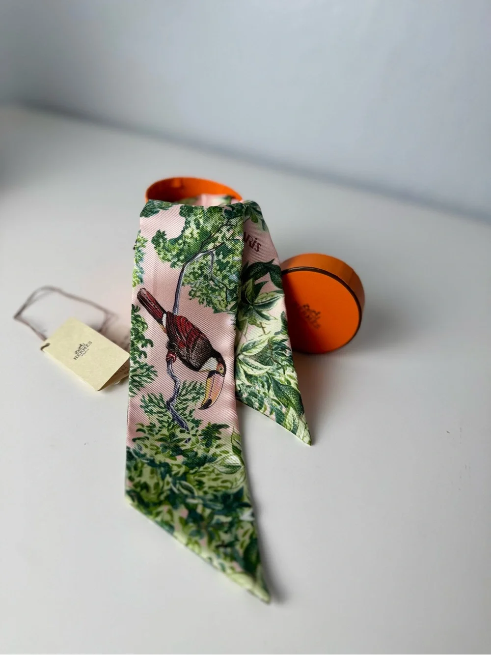 Pink Silk Twilly Scarf with Tropical Bird Print